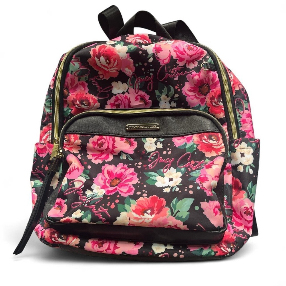 Juicy Couture floral backpack with black straps and gold hardware